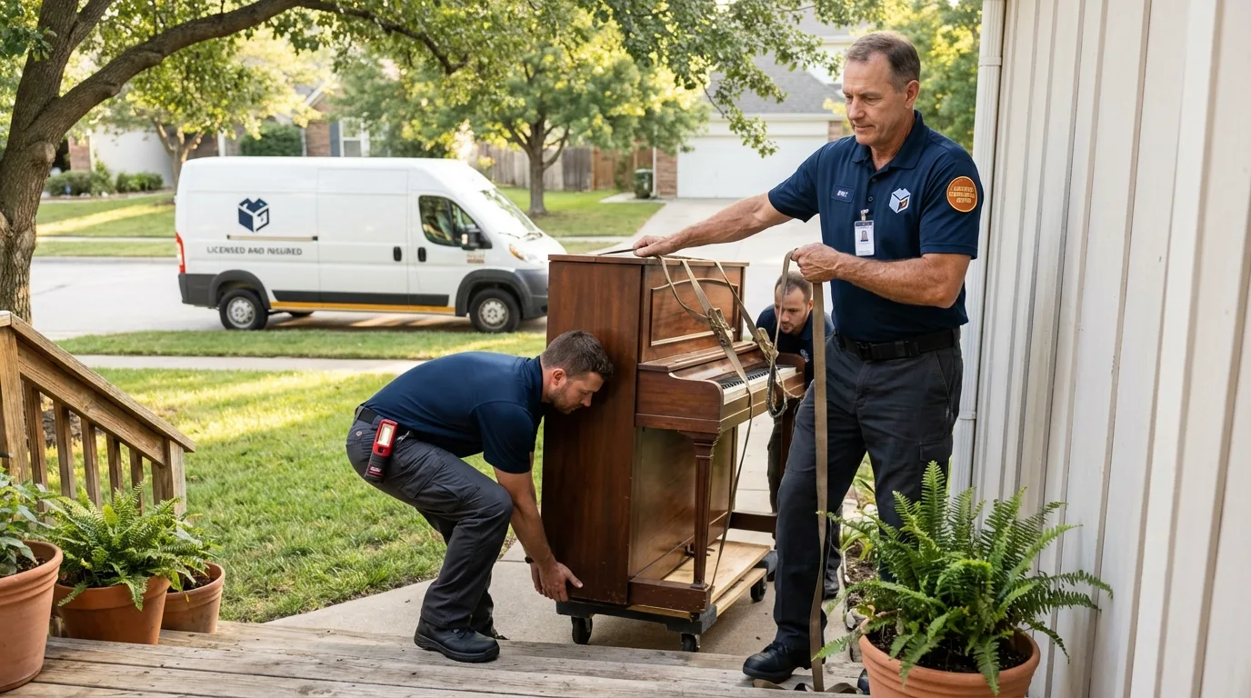 Licensed piano movers securing grand piano in Kalamazoo, MI