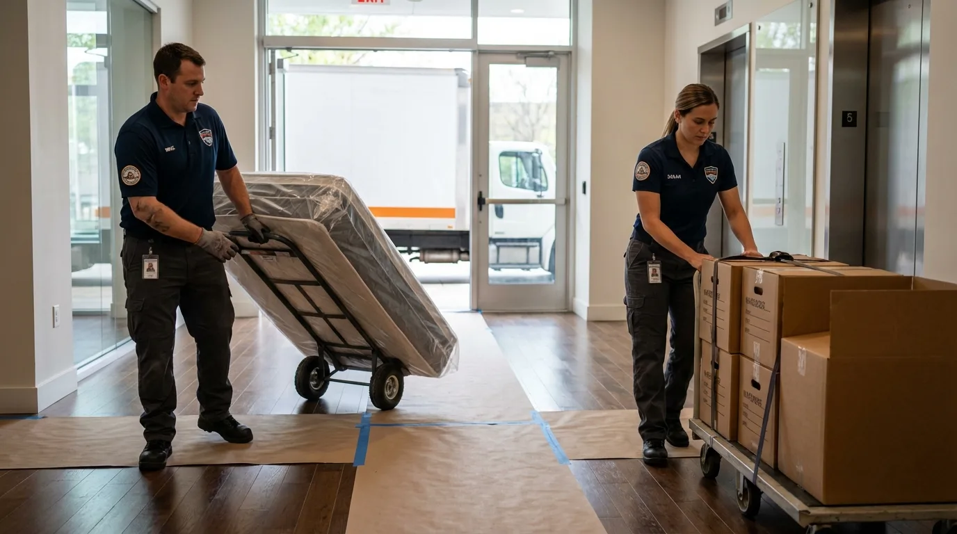 Professional apartment movers loading elevator in Kalamazoo, MI